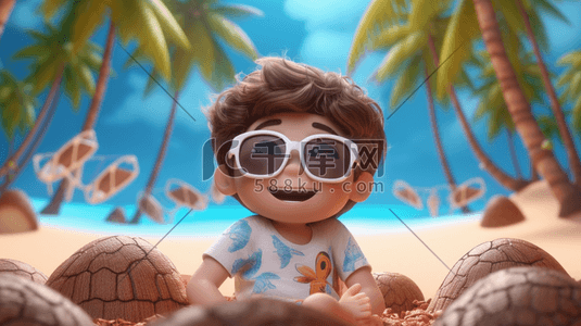 小男孩海边玩耍插画图片_夏天夏季小男孩在大海边玩耍3D立体场景沙滩