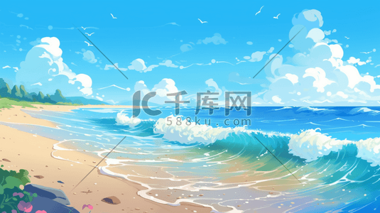 海浪大海插画图片_大海的海浪拍打在沙滩上