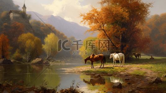 河边的马插画自然风景