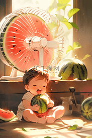 夏天吃西瓜小男孩