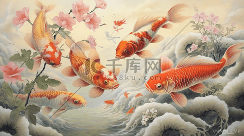 中国风国潮锦鲤彩色插画