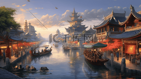 彩色中国风古典清明上河图街景