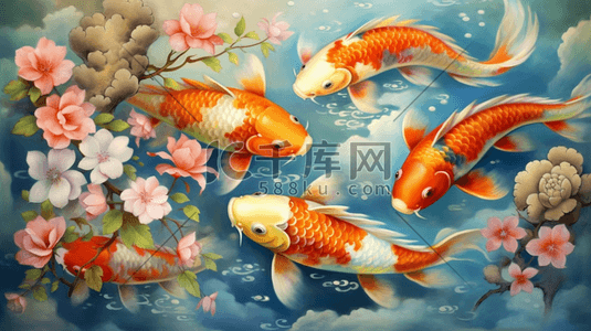 中国国潮风插画图片_彩色中国国潮风锦鲤插画