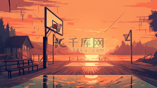 海边的篮球场插画