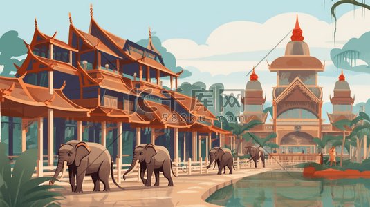 扁平风泰国建筑大象插画