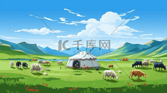 蒙古包着火插画图片_扁平风内蒙古蒙古族草原风景插画