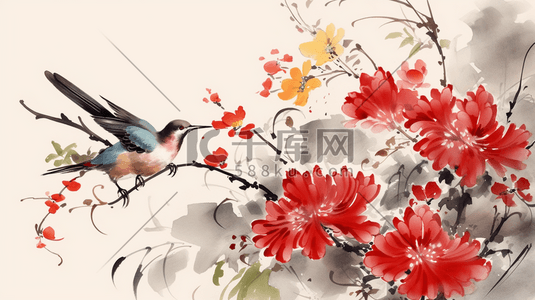 花鸟工笔画插画图片_中国风花鸟工笔画红色花朵