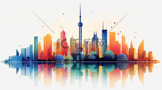 上海剑英插画图片_彩色现代都市上海地标建筑渐变插画