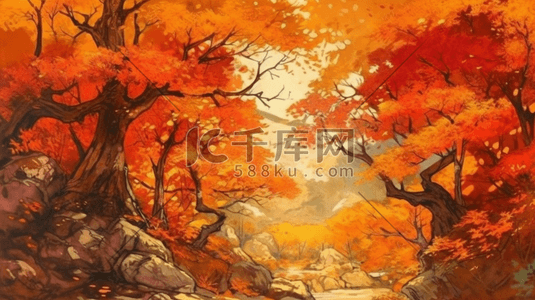 艺术墙纸插画图片_在森林上绘制明亮的日落出秋季橙红色季节图片包含有趣的想法情感审美乐趣油天然涂料概念