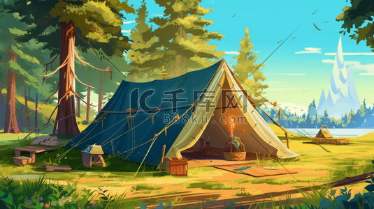 夏季树林中夏令营帐篷露营