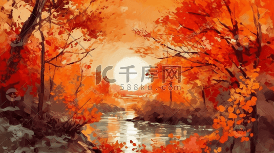 在森林上绘制明亮的日落出秋季橙红色季节图片包含有趣的想法情感审美乐趣油天然涂料概念