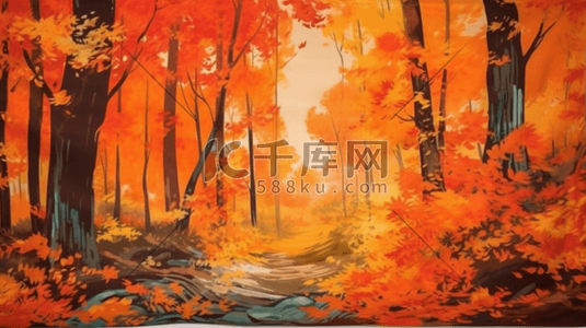 头脑有想法插画图片_在森林上绘制明亮的日落出秋季橙红色季节图片包含有趣的想法情感审美乐趣油天然涂料概念
