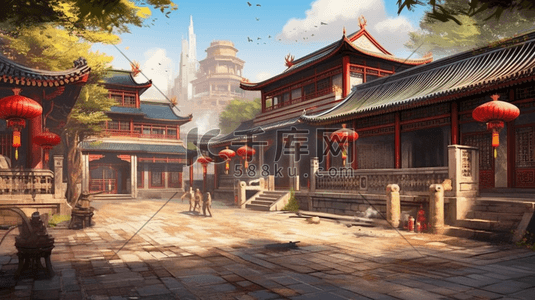 彩色传统古典中国风古代建筑风景
