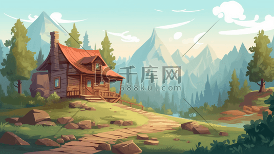 中央空调插画图片_森林中央的一所房子，背景是一座山