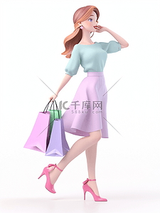 嗨嗨嗨插画图片_618促销女生人物购物