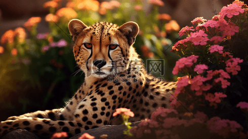 花丛中趴着的猎豹