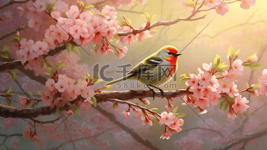 忽如一夜春风来千树万树梨花开插画图片_春天的花朵盛开绿树如荫一只小雀在树枝