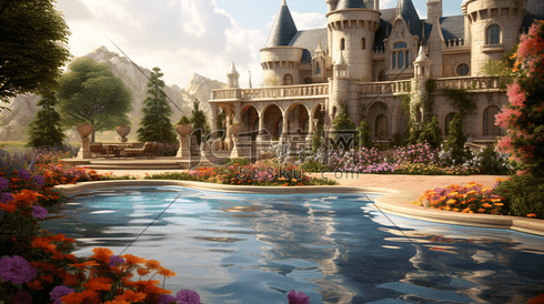 美丽的花园城堡和游泳池