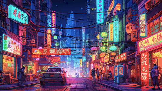城市霓虹夜景插画