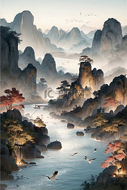 国风水墨山水景观插画