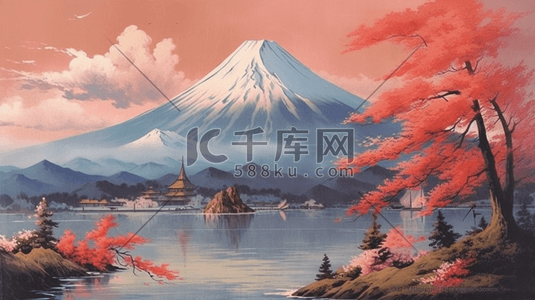 手绘建筑背景插画图片_彩色富士山手绘浮世绘背景