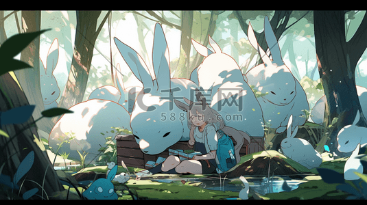 可爱兔子和兔耳朵少女插画数字艺术插画