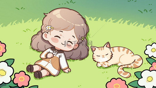 草地猫咪插画图片_节气小暑女孩和猫咪躺在草地上晒太阳