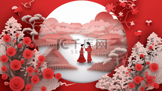 剪纸风红色插画图片_中国风花鸟国潮剪纸风红色风景