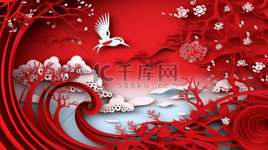 红色剪纸风插画图片_中国风花鸟国潮红色剪纸风风景