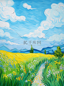 春天的田野插画图片_油画风插画春天的田野风景