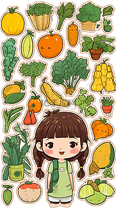卡通手绘少女女孩蔬菜水果贴纸