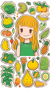 墙面贴纸插画图片_卡通手绘少女女孩水果蔬菜贴纸