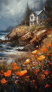 油画风景海岸边的小屋和花丛