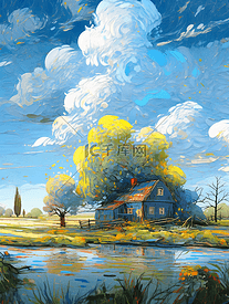 油画风插画风景蓝天下的小屋