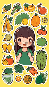 卡通手绘少女水果蔬菜贴纸