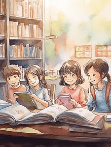 快乐阅读插画图片_小学教材风儿童在教室看书插画