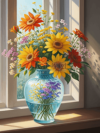 手绘插花花瓶花朵油画