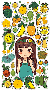 可爱表情包贴纸插画图片_卡通手绘女孩水果蔬菜贴纸