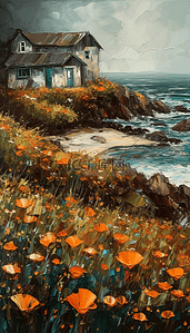 海岸边插画图片_油画风景海岸边的小屋和花丛