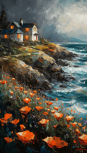 油画风景海岸边的小屋和花丛