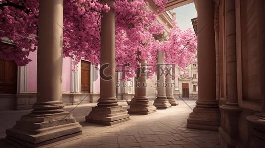 粉色花朵下的欧式建筑教堂数字艺术插画