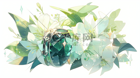 苹果唯美插画图片_绿色透明感水晶苹果百合花数字艺术插画