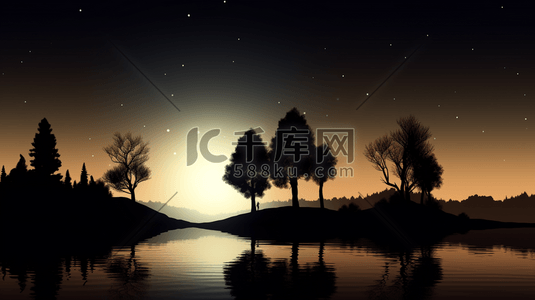 轮廓插画图片_夜间水域附近树木的轮廓