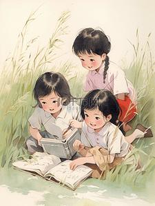 课本掉了插画图片_小学课本教材风格插画小孩野外学习