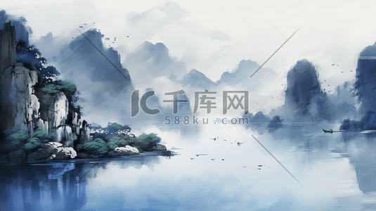 中国水墨山水画烟青色山川河流远景