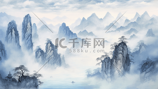 烟插画图片_中国水墨山水画烟青色山川河流远景