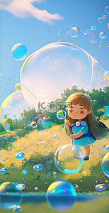 高质量插画图片_插画3D泡泡风人物在草坪上