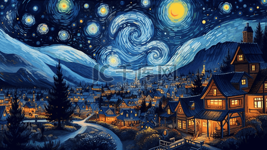 梵高野蔷薇插画图片_梵高画风唯美星空小镇插画