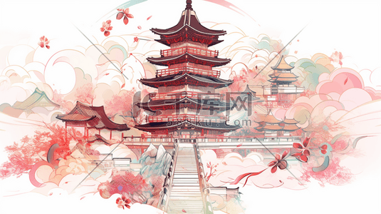 潮国创意插画图片_国风国潮传统建筑风景