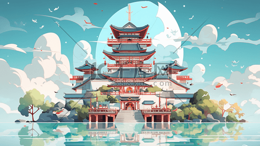 传统建筑插画图片_国风国潮传统建筑风景